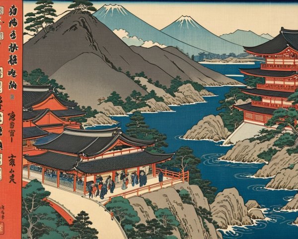 Traditional Japanese Ukiyo-e Coastal Landscape Print