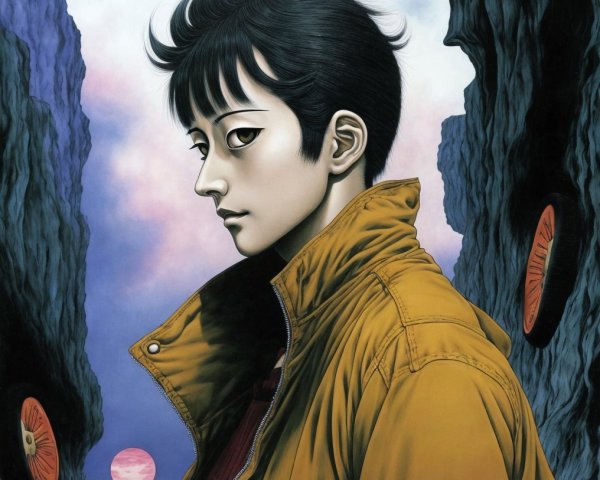 Young figure in yellow jacket in surreal landscape