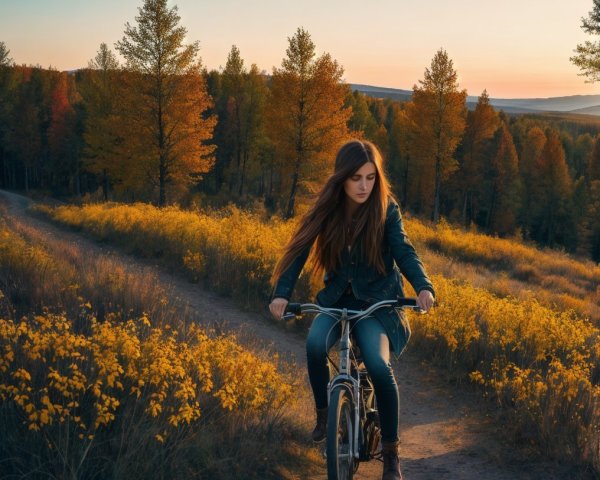 Young Woman Biking Through Autumn Foliage Pathway