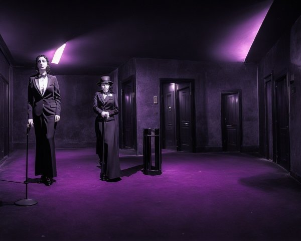 Dimly Lit Corridor with Purple Hue and Mannequins