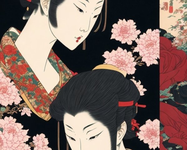 Japanese Woodblock Print of Two Women in Kimonos