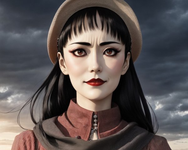 Portrait of a young woman in vintage attire with hat