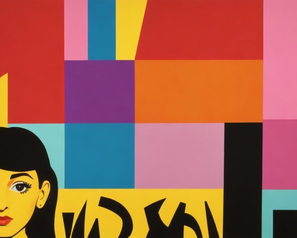 Vibrant Geometric Artwork with Stylized Woman's Face