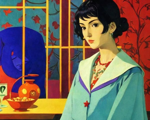 Young Woman in Elegant Bob in Colorful Room