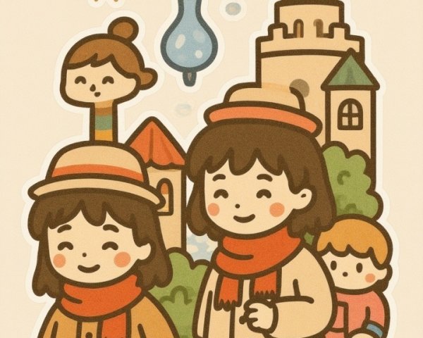 Cheerful Girls in Matching Coats in Quaint Town Scene