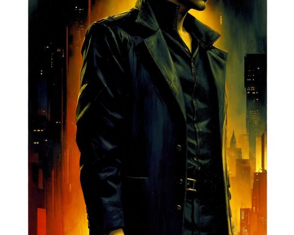 Brooding Figure in Black Coat Against Futuristic Cityscape
