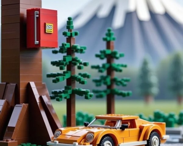 LEGO Scene with Sports Car by Serene Pond and Trees