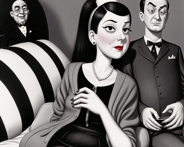 Monochromatic Scene with Glamorous Figures and Mystery