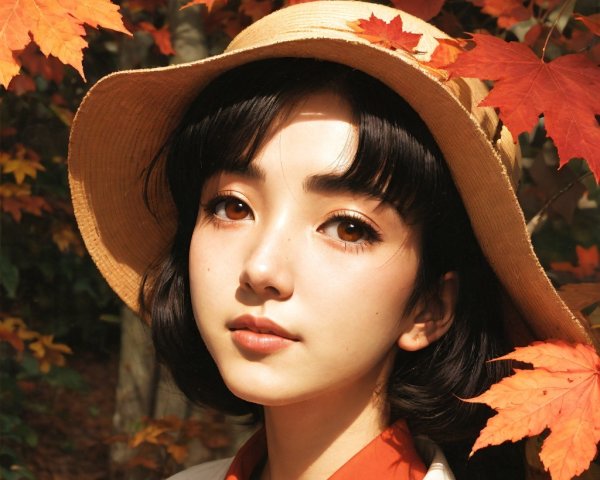 Young Woman in Autumn Leaves with Straw Hat