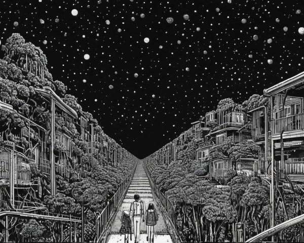 Black and white ink drawing of a family on a path