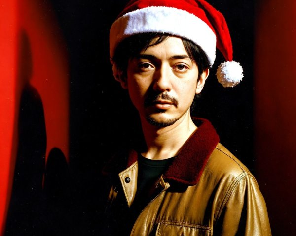 Man in Santa Hat with Rugged Leather Jacket