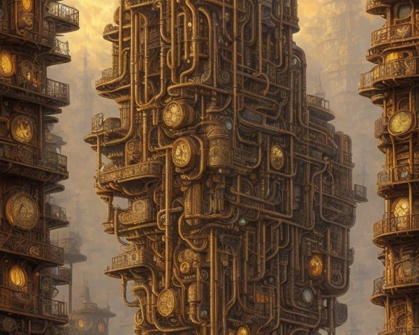 Intricate Steampunk Structure Surrounded by Similar Buildings