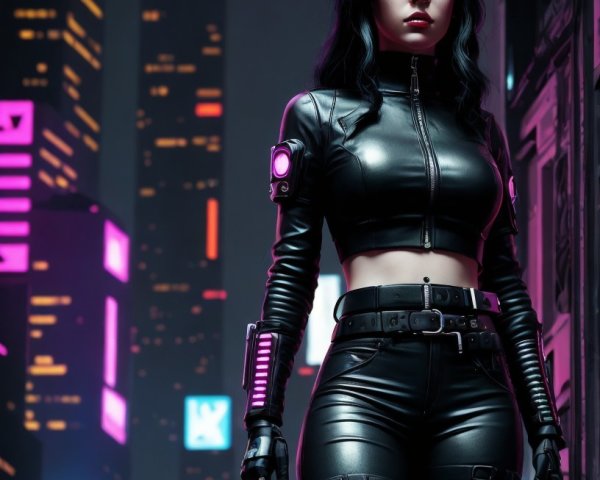 Female Cyberpunk Character with Black Leather Outfit
