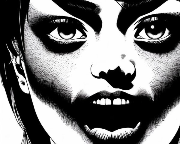 Close-Up Black and White Illustration of a Woman's Face