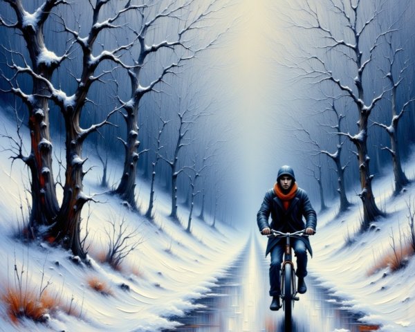 Cyclist on a snow-covered path with frost-laden trees