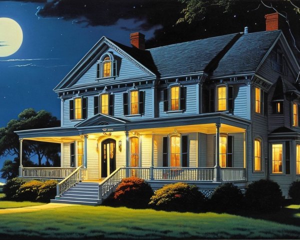 Victorian House Under Full Moon with Lush Surroundings
