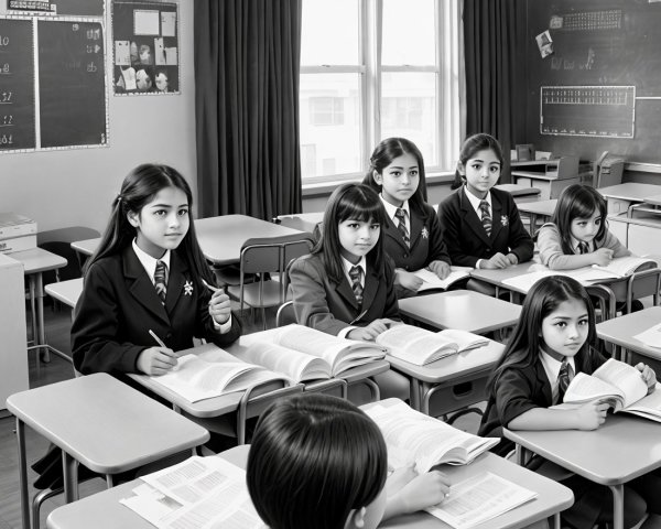 Black-and-White Classroom Scene with Schoolgirls Studying