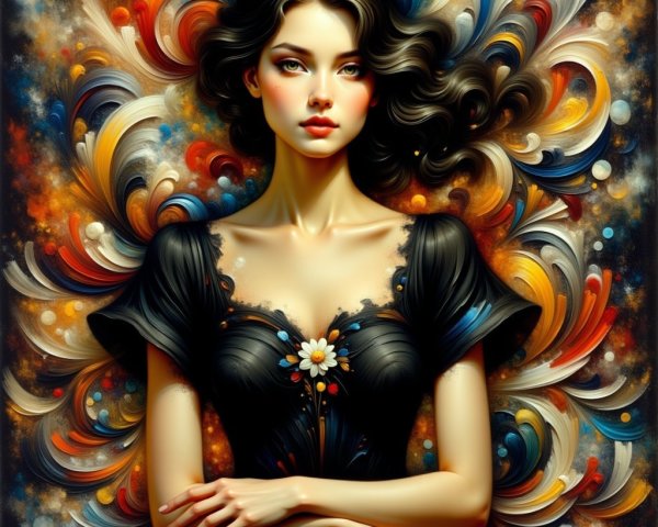 Portrait of a woman in black dress with floral patterns