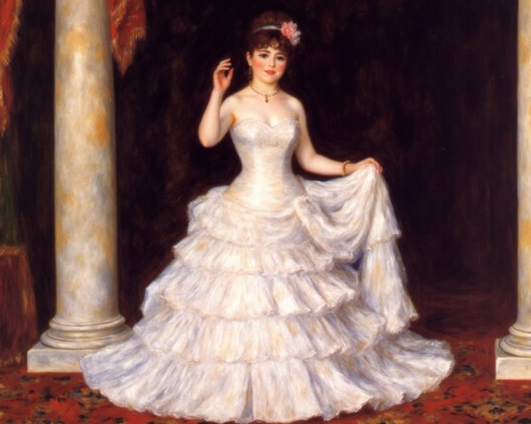Elegant Woman in White Gown Against Dark Backdrop