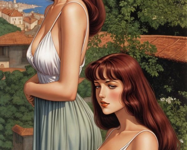Two women in flowing white dresses in a green setting
