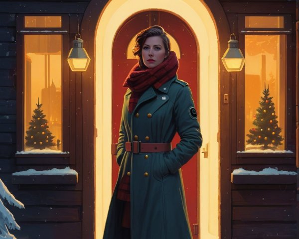 Woman in green coat by orange-glowing doorway outdoors