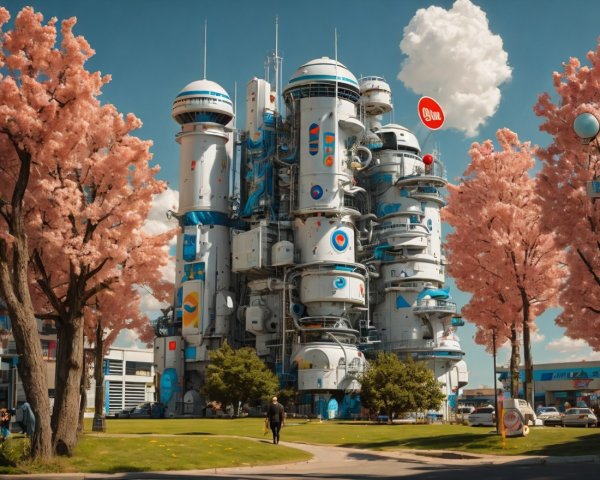 Futuristic building with cherry blossoms and blue sky