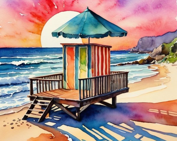 Vibrant Watercolor Beach Scene at Sunset
