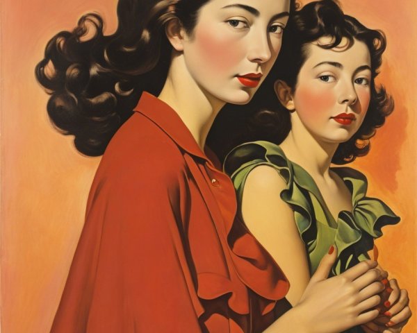 Two Women in Red and Green Dress with Warm Background