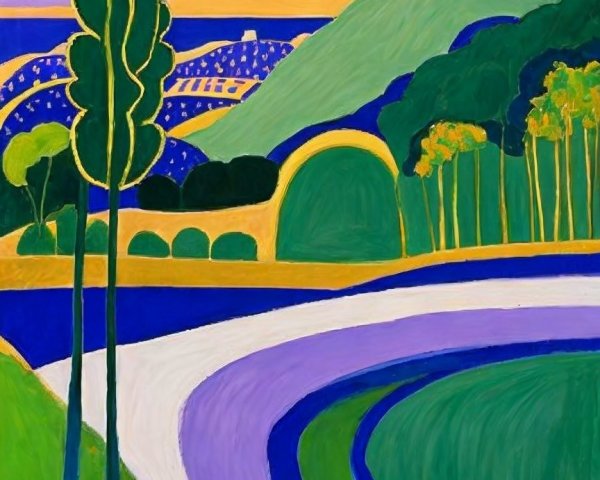 Vibrant Landscape with Rolling Hills and Stylized Trees