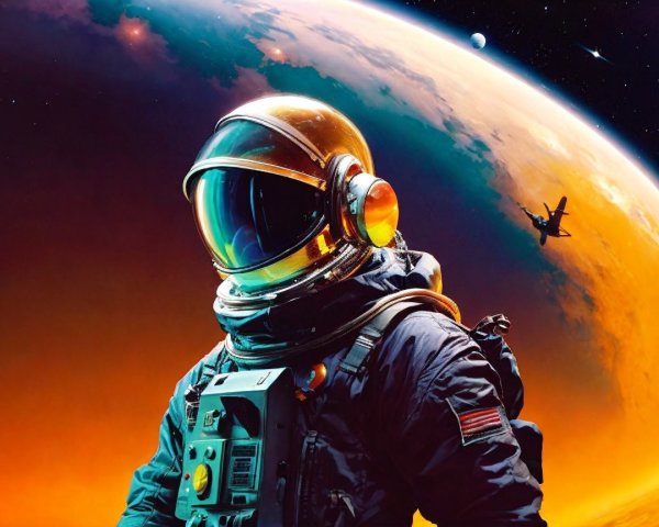 Astronaut on Alien Landscape with Colorful Planet Background