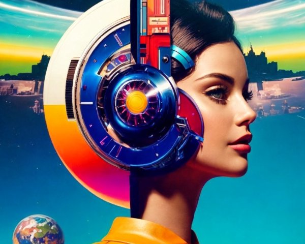 Futuristic Woman in High-Tech Outfit Against Cosmic Scene