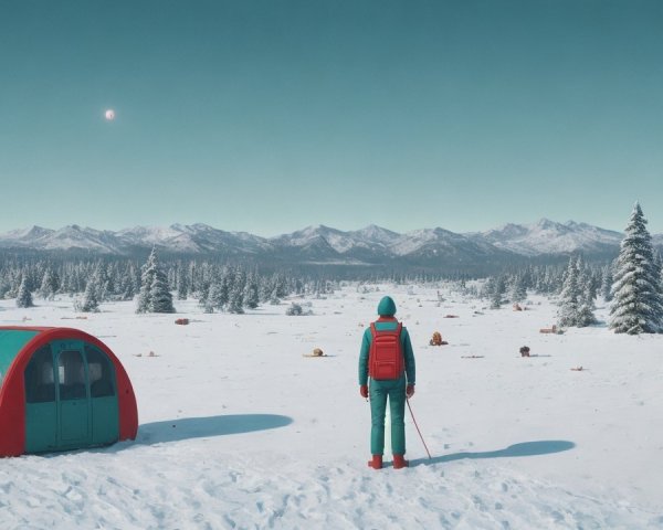 Winter Landscape with Dome Structure and Mountains