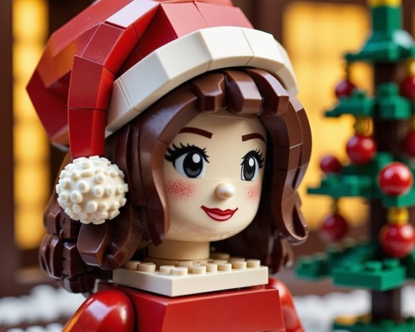 Close-up of a Lego-style girl in Christmas attire