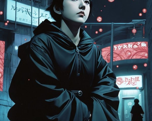 Young girl in black cloak in moody urban alley