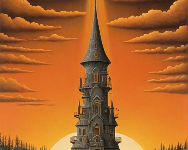 Whimsical Castle on Island with Vibrant Sunset Sky
