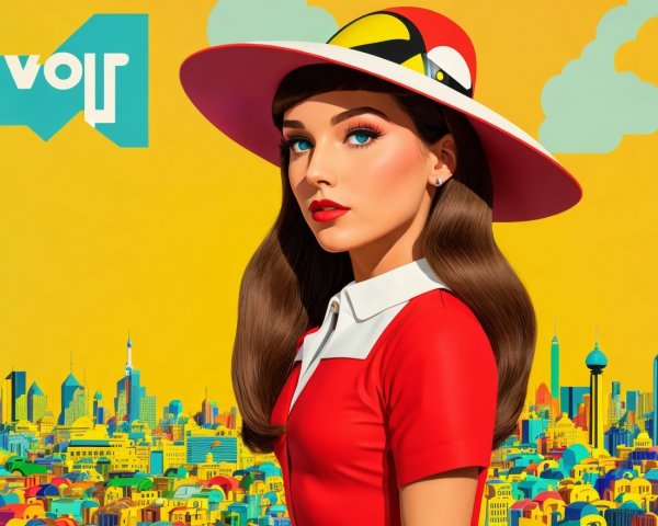 Fashionable Woman in Red Dress Against Colorful Cityscape