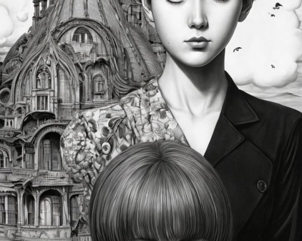 Surreal Artwork of Figures Against a Dreamlike Castle