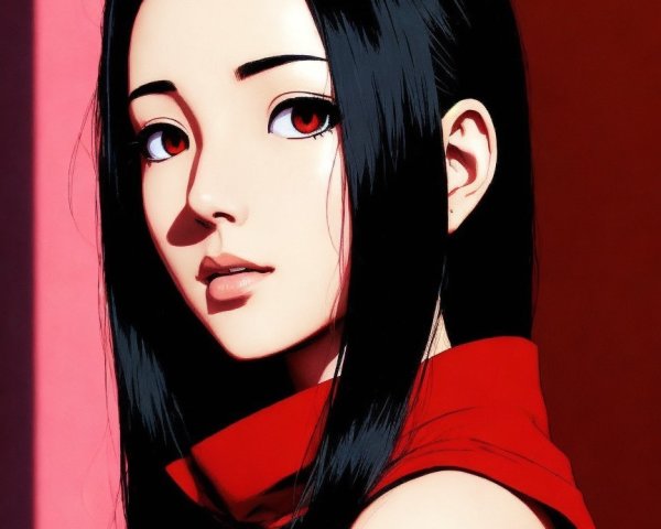 Close-up of a stylized female character with red tones