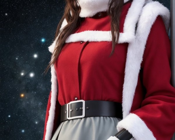 Young woman in festive Santa suit in cosmic void