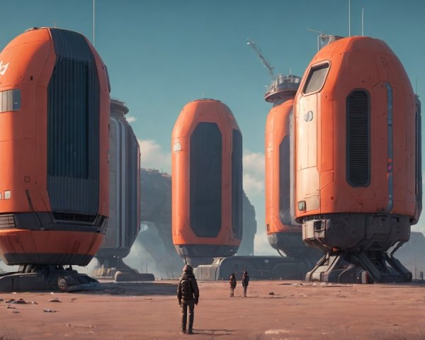 Futuristic Landscape with Cylindrical Structures and Space Suits
