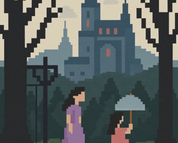 Pixelated Landscape with Figures and Colorful Flowers
