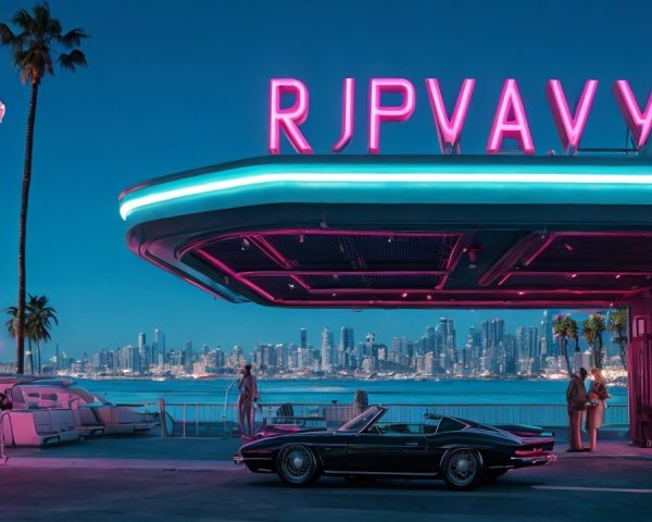Twilight Cityscape with Neon Diner and Sleek Car