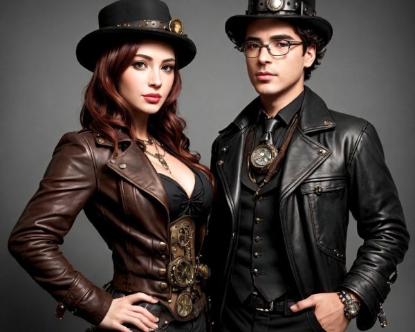 Steampunk Couple in Elegant Industrial Fashion