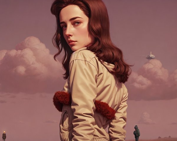 Young Woman in Beige Jacket Against Pink Clouds