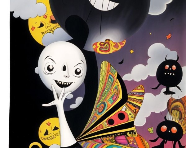 Whimsical Character with Skull Face and Butterfly Wings