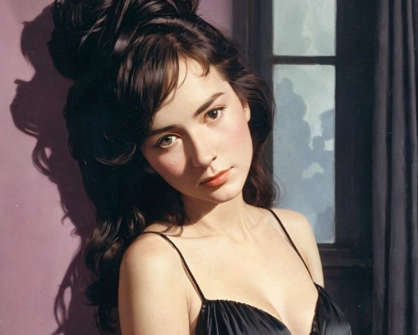 Elegant Young Woman in Black Dress Against Purple Wall