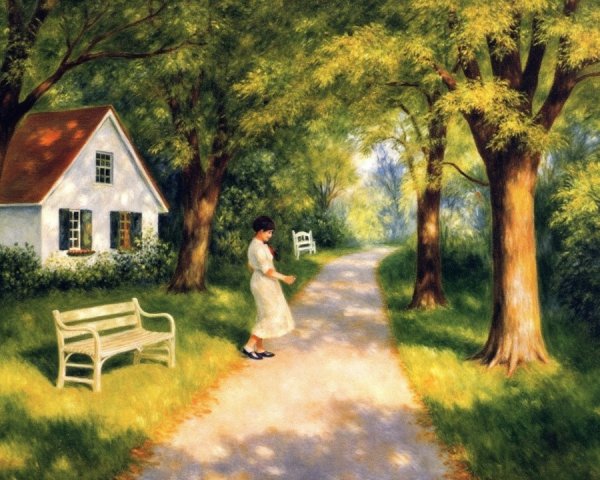 Serene Landscape with Cottage and Lush Greenery