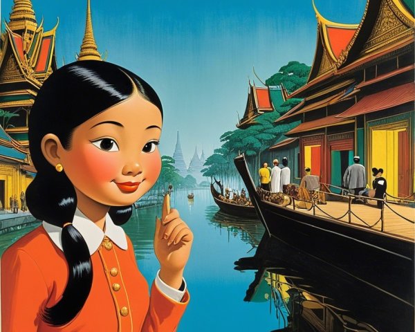 Young girl in red dress by river with Thai architecture