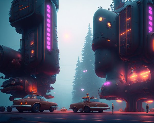 Futuristic cityscape with neon lights and classic cars