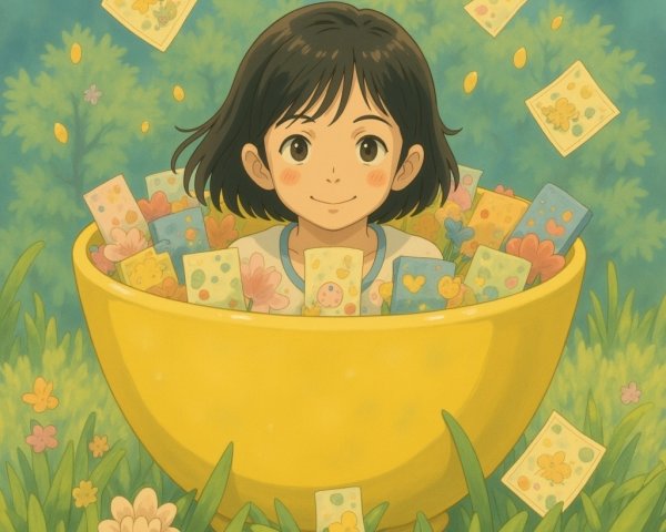 Cheerful girl in yellow bowl with colorful envelopes